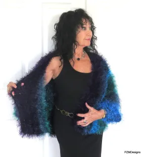 Blue Faux Fur Plus Size Jacket, Multi Color Blue Fur Shrug