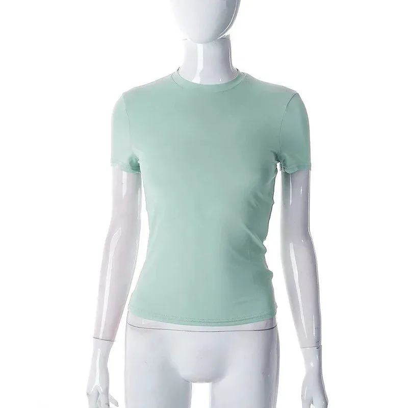 Fashion O-neck Tank Top Sexy Ruffles Backless Short Sleeve Tee