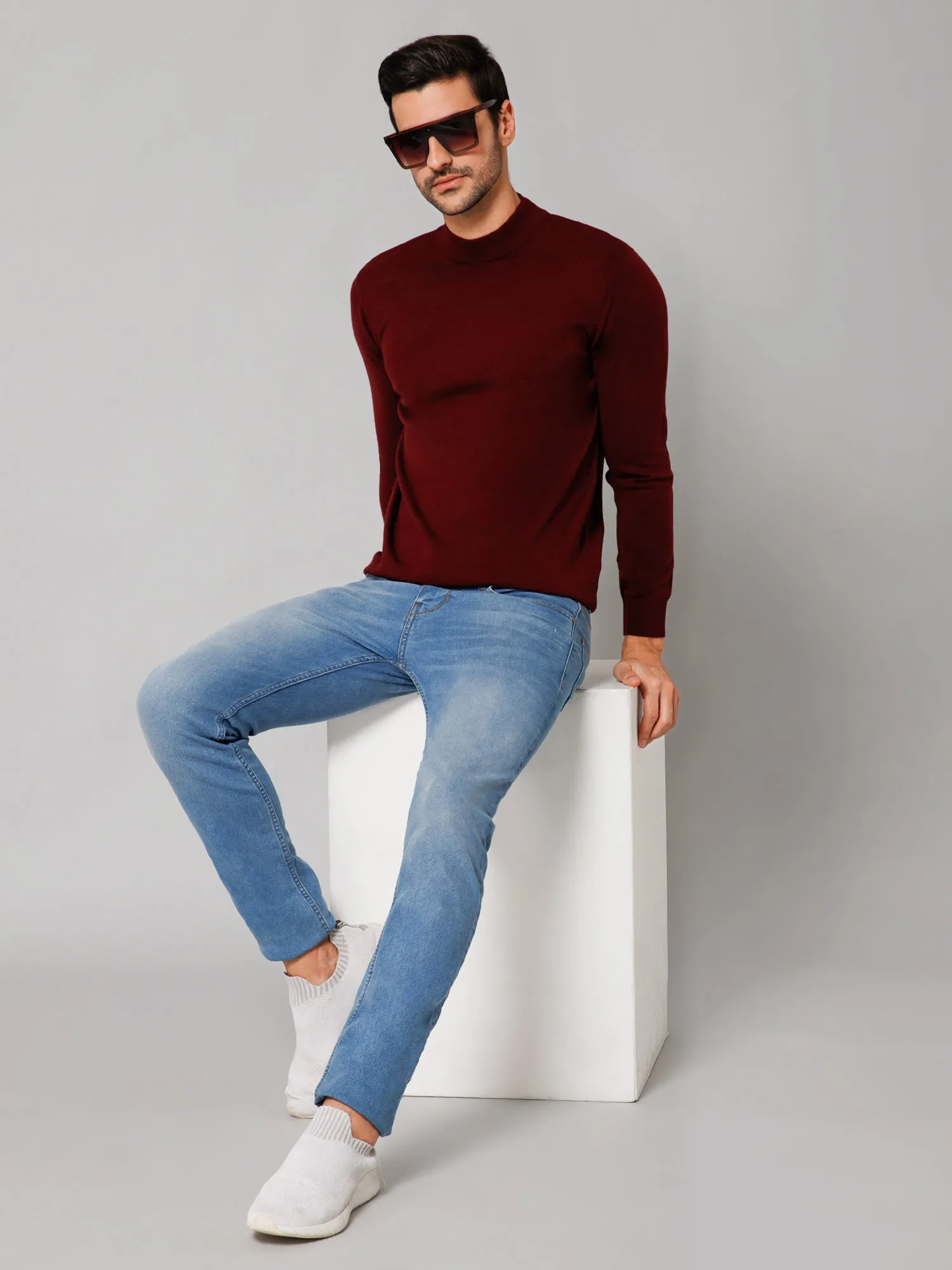 Solid Maroon Full Sleeves Round Neck Regular Fit Casual Sweater for Men