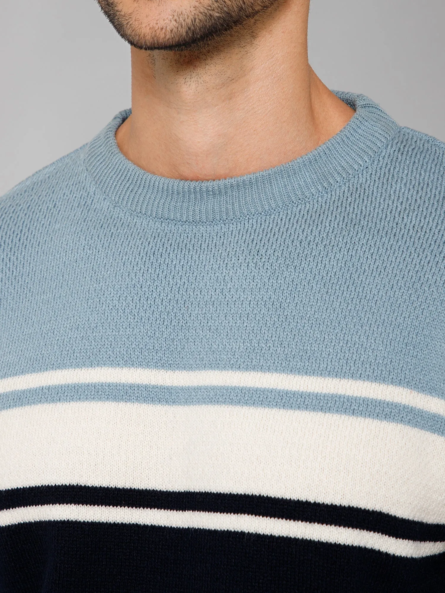 Striped Sky Blue Full Sleeves Round Neck Regular Fit Casual Sweater for Men