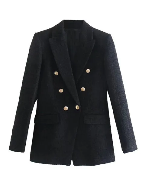 Wjczt Women Fashion With Metal Button Tweed Blazer Coat Vintage Long Sleeve Flap Pockets Female Outerwear Chic Veste
