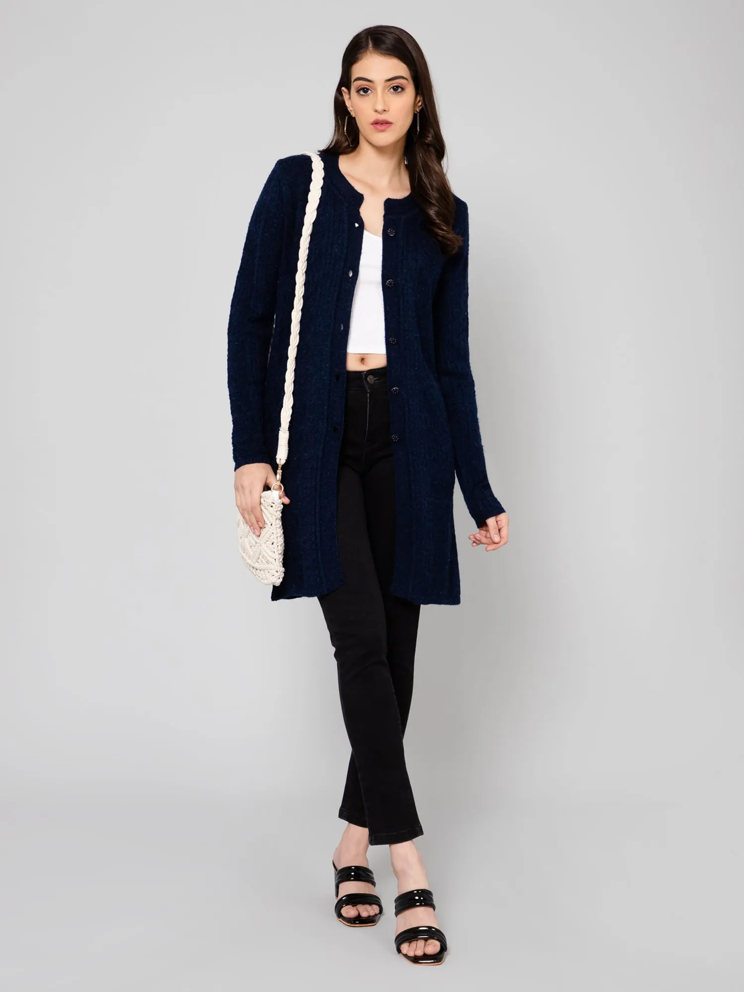 Women's Casual  Navy Blue Round neck Cardigan Sweater
